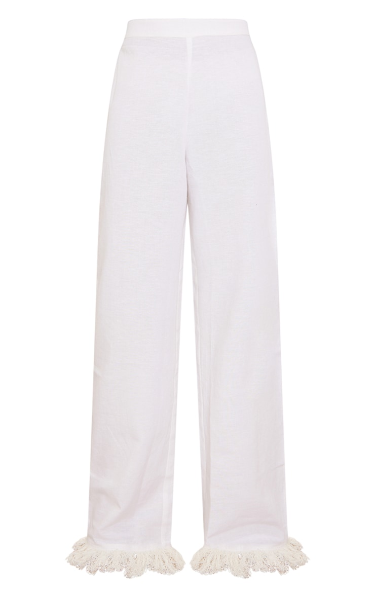 White Linen Look Tassel Hem Wide Leg Trousers image 5