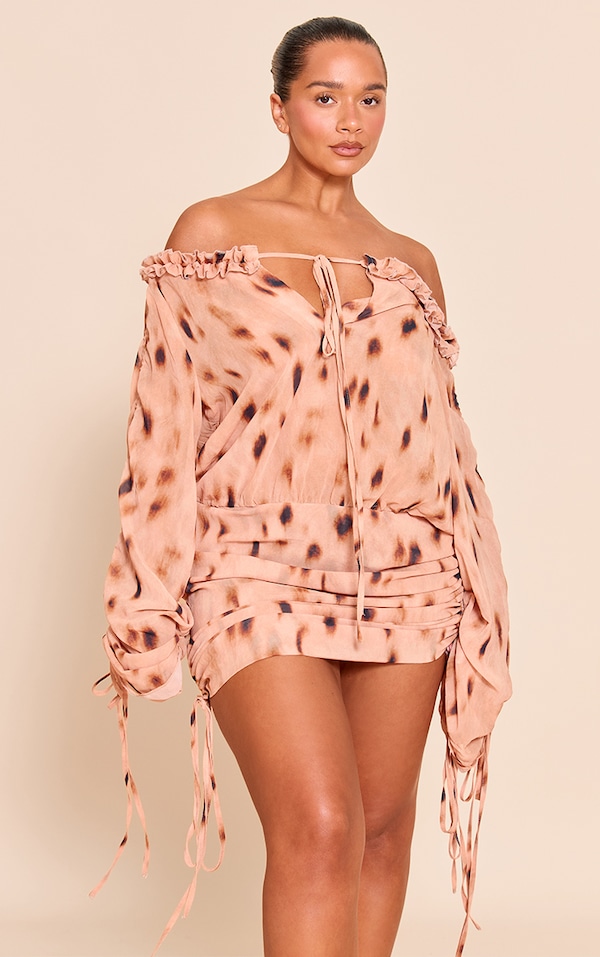 Shape Stone Animal Print Off Shoulder Frill Ruched Mini Dress