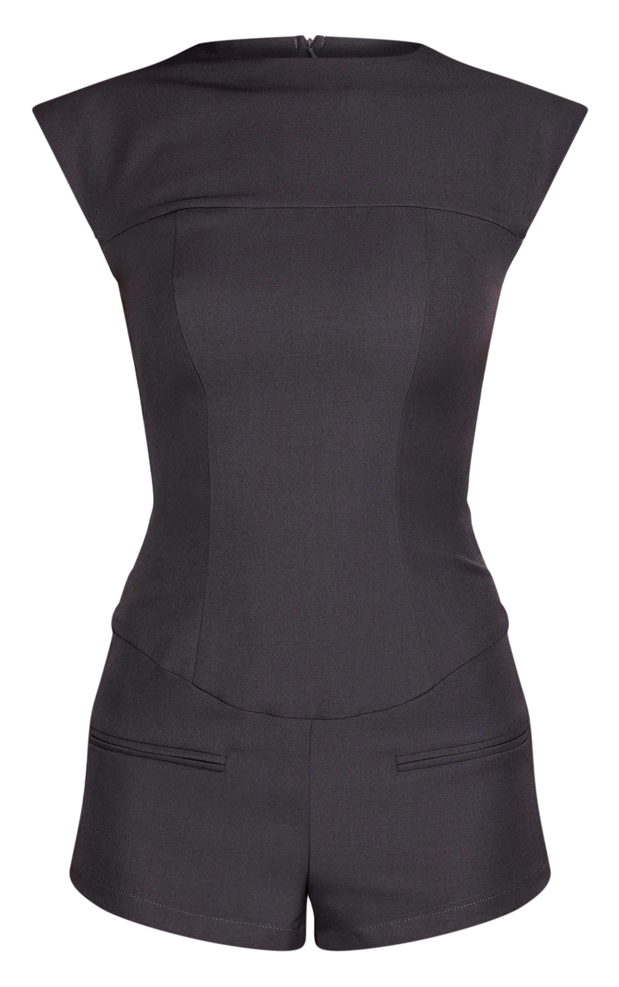 Charcoal Tailored Woven Boatneck Cap Sleeve Romper image 5