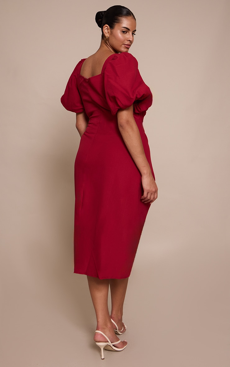 Plus Deep red Puff Sleeve Ruched Split Side Midi Dress image 2