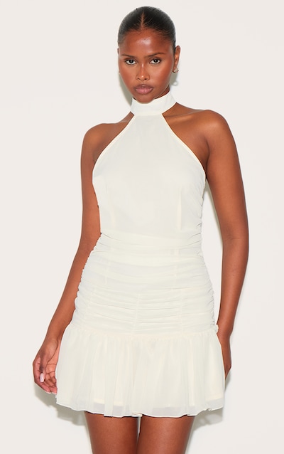 Almond Chiffon Halter Neck Mini Dress