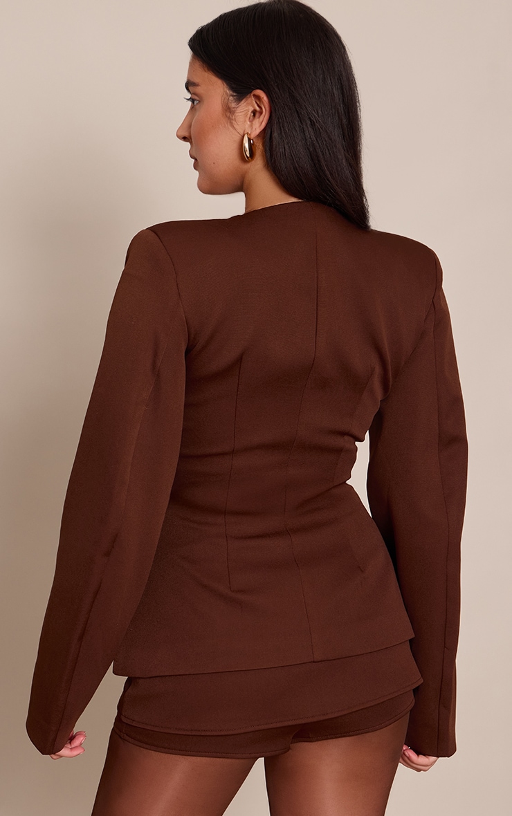 Blazer cintré tissé chocolat à manches cocon et boutons image 2