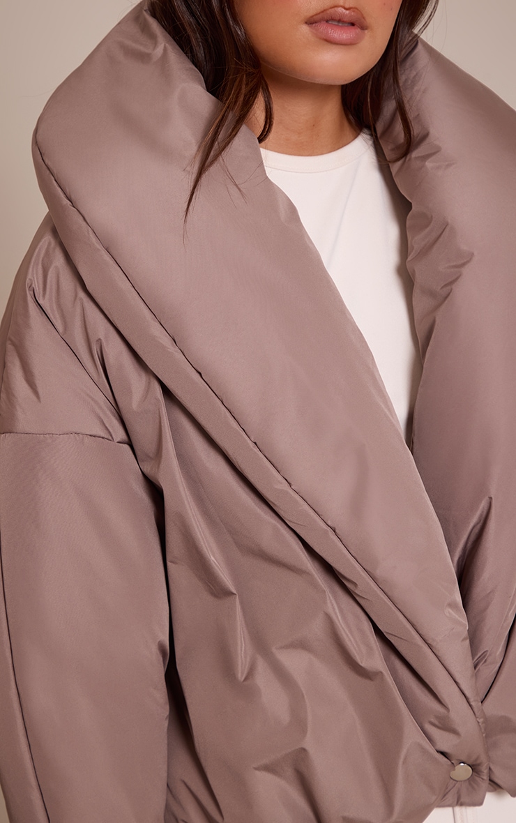 Taupe Exaggerated Collar Shell Puffer Jacket image 4