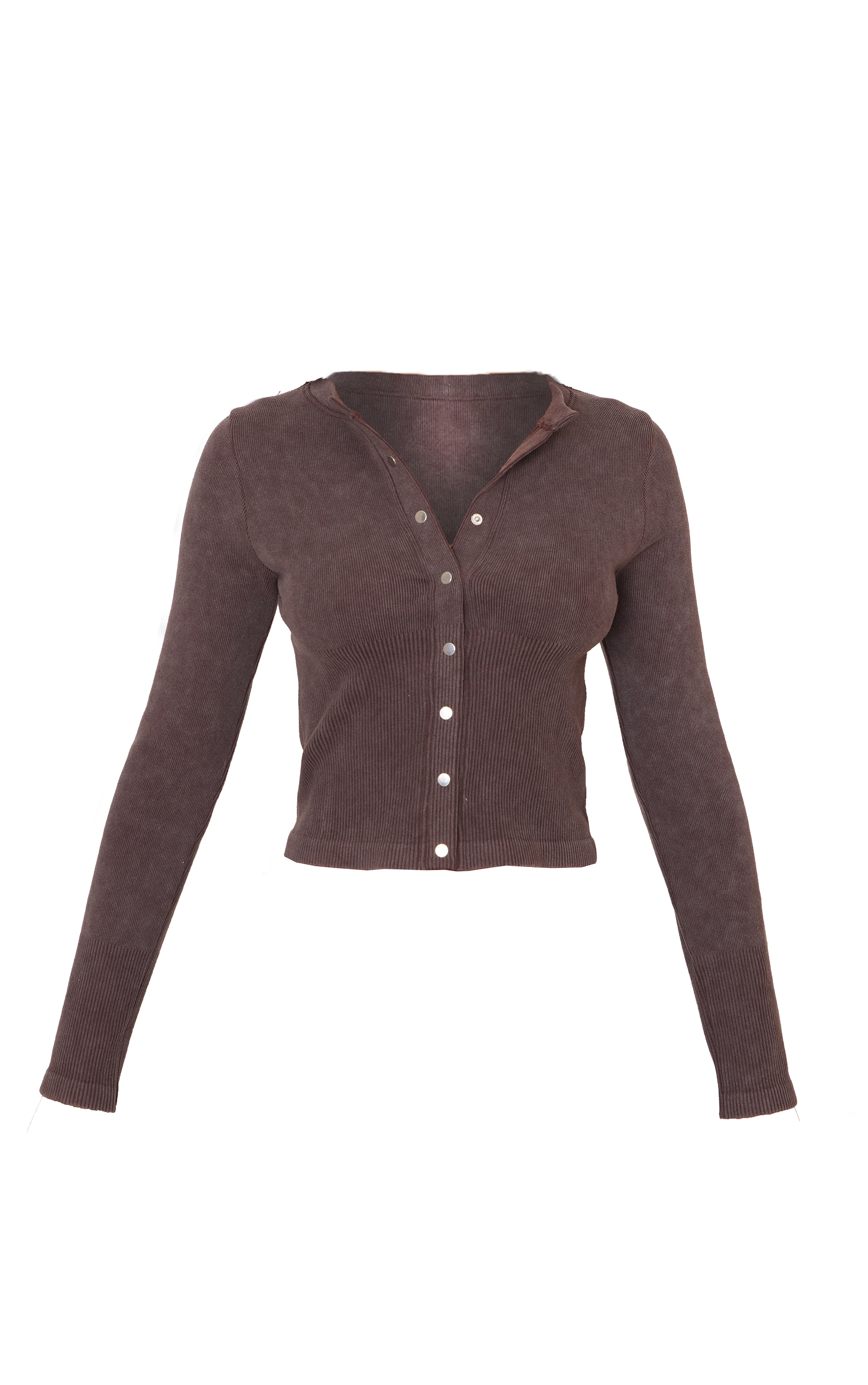 Petite Chocolate Faded Snatched Rib Long Sleeve Button Up Long Top image 6