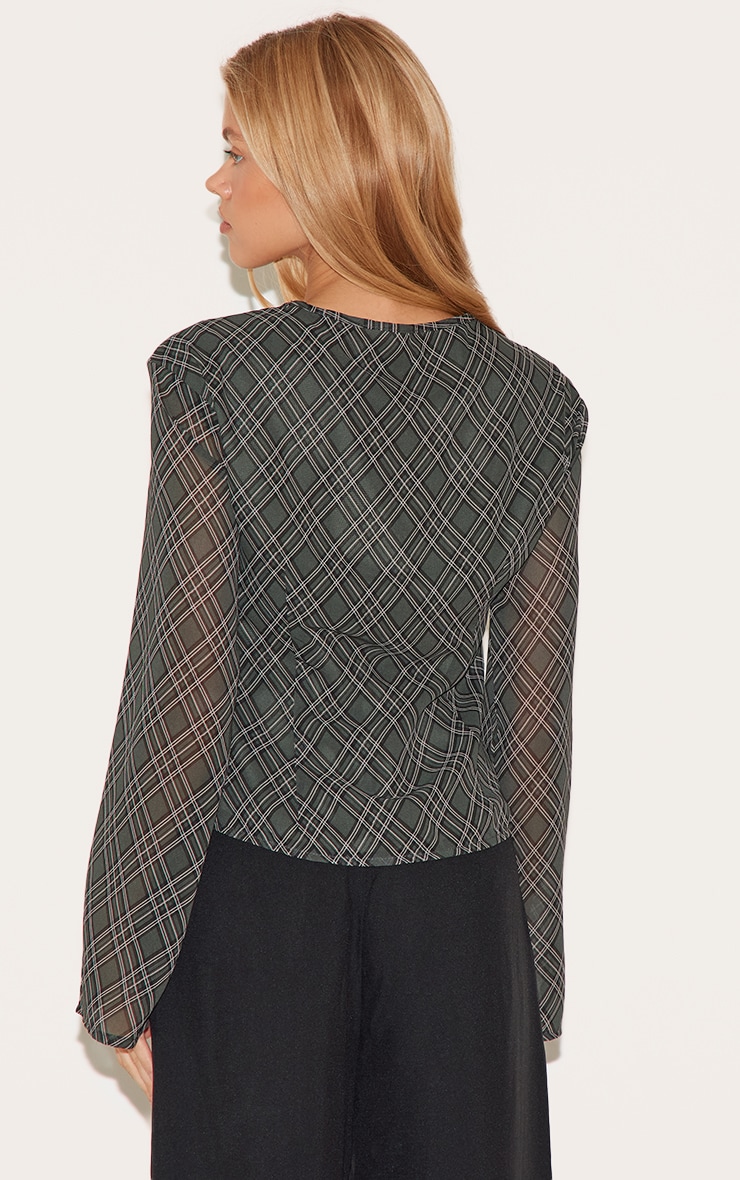 Green Check Chiffon Tie Front Blouse image 2