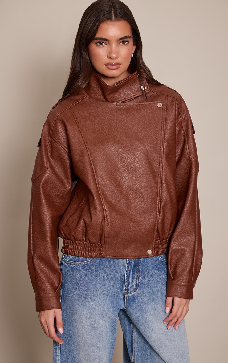 Tan Funnel Neck Faux Leather Biker Jacket image 1