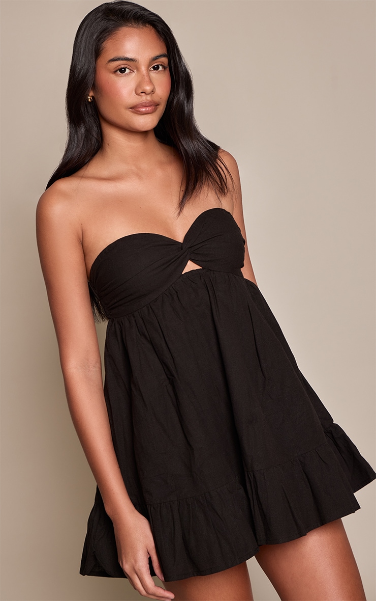 Black Linen Look Twist Bandeau Shift Dress