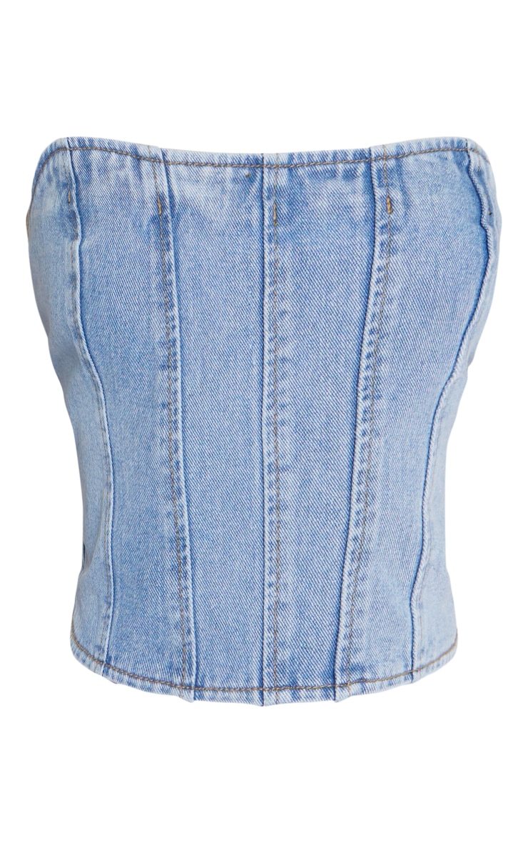 Petite Light Blue Wash Bandeau Denim Corset Top image 5