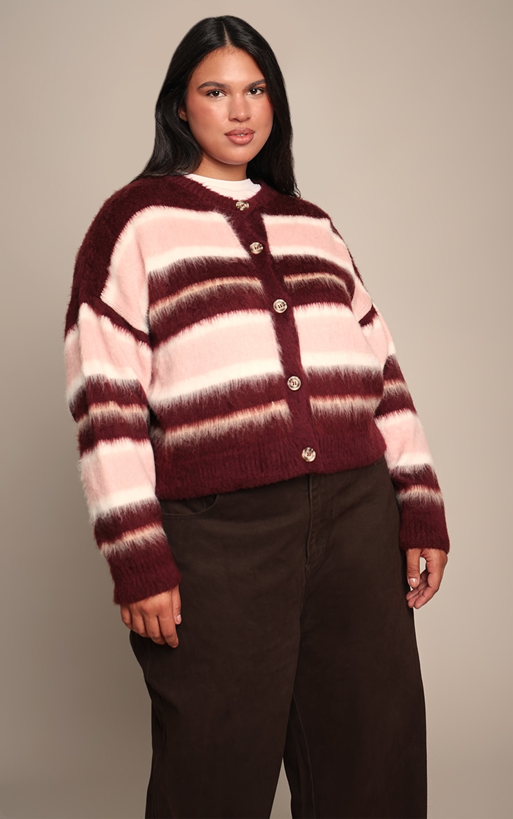 Plus Burgundy Striped Brushed Knit Cardigan image 1