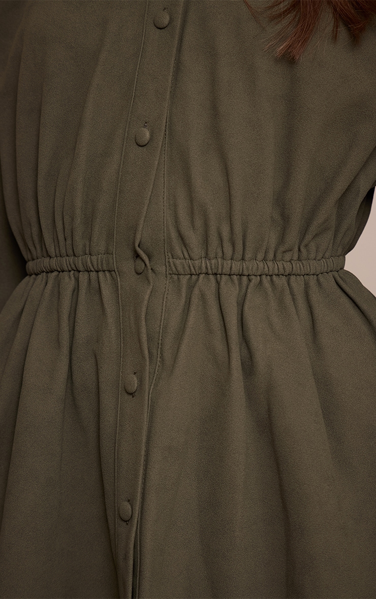 Khaki Faux Suede Button Down Cinched Waist Mini Dress image 4