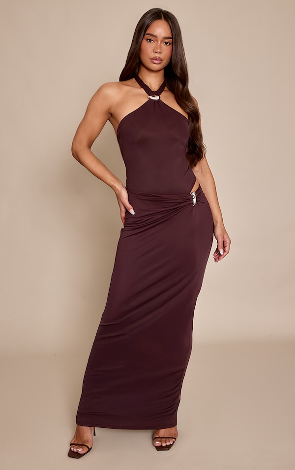 Chocolate Matte Sculpt Trim Detail Maxi Skirt