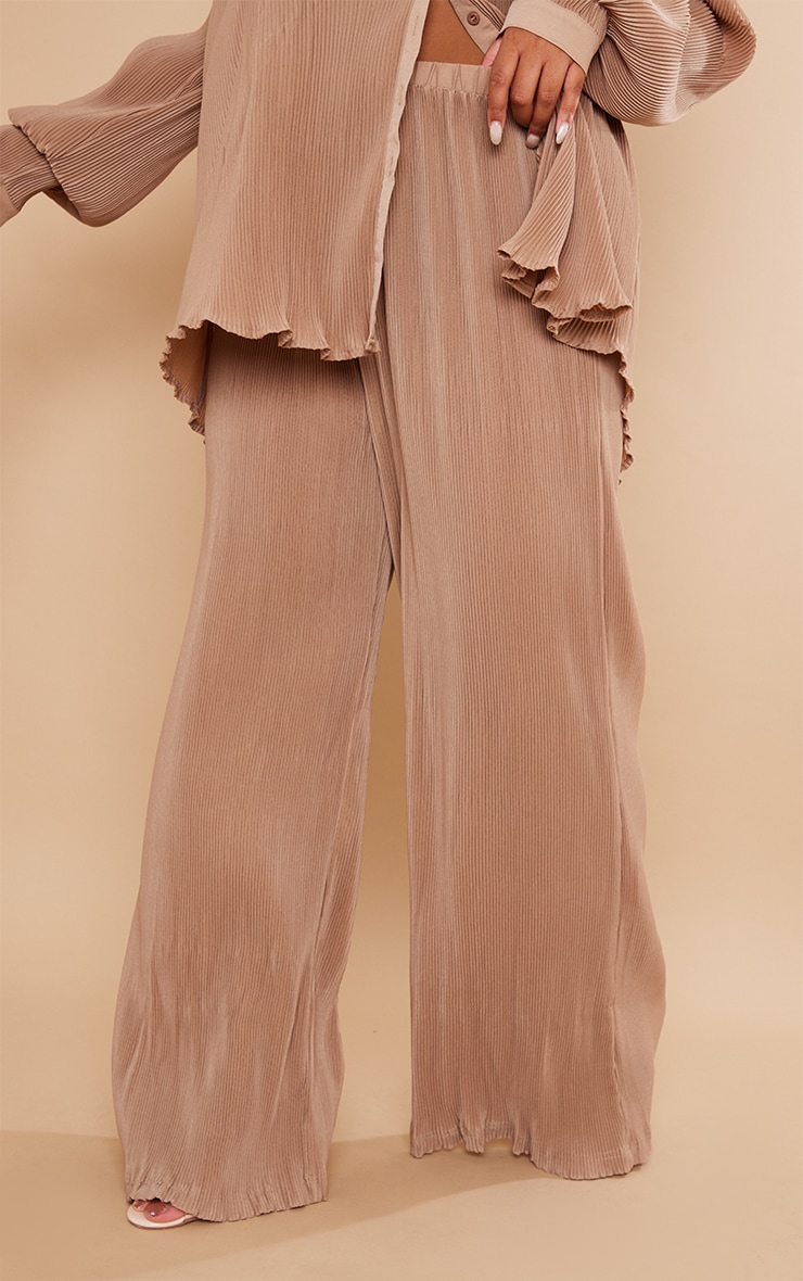 Plus Beige Plisse High Waisted Wide Leg Pants | PrettyLittleThing USA