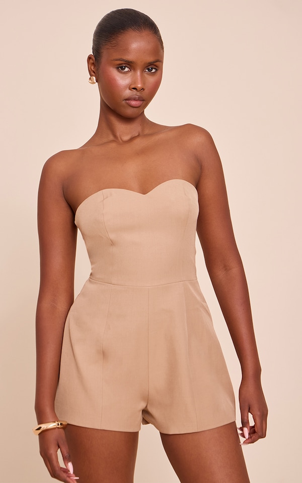 Sand Woven Sweetheart Neck Detail Playsuit
