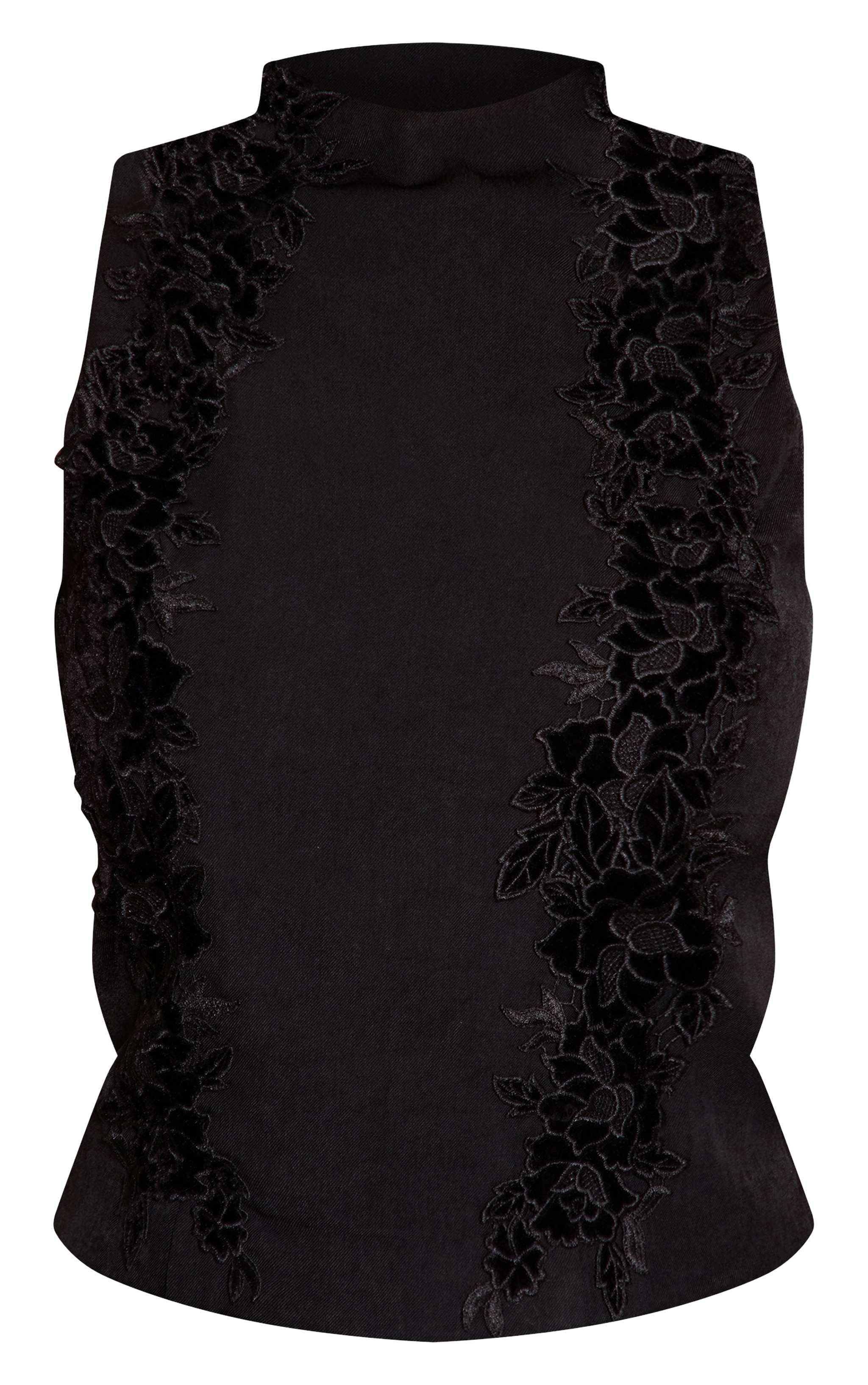 Black Woven Floral Velvet High Neck Top  image 5