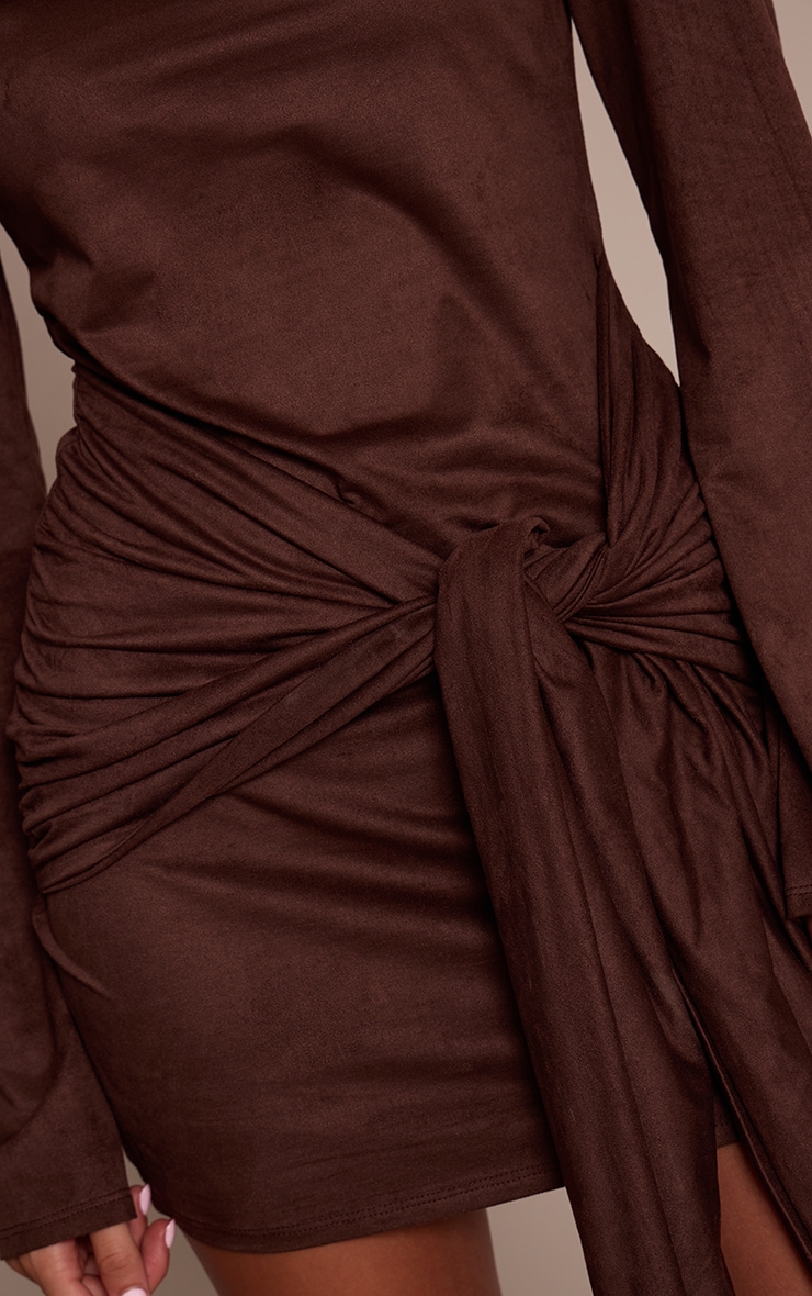 Chocolate Suede Boat Neck Tie Waist Detail Bodycon Dress image 4
