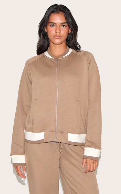 Veste bomber en sweat taupe à bordures contrastantes