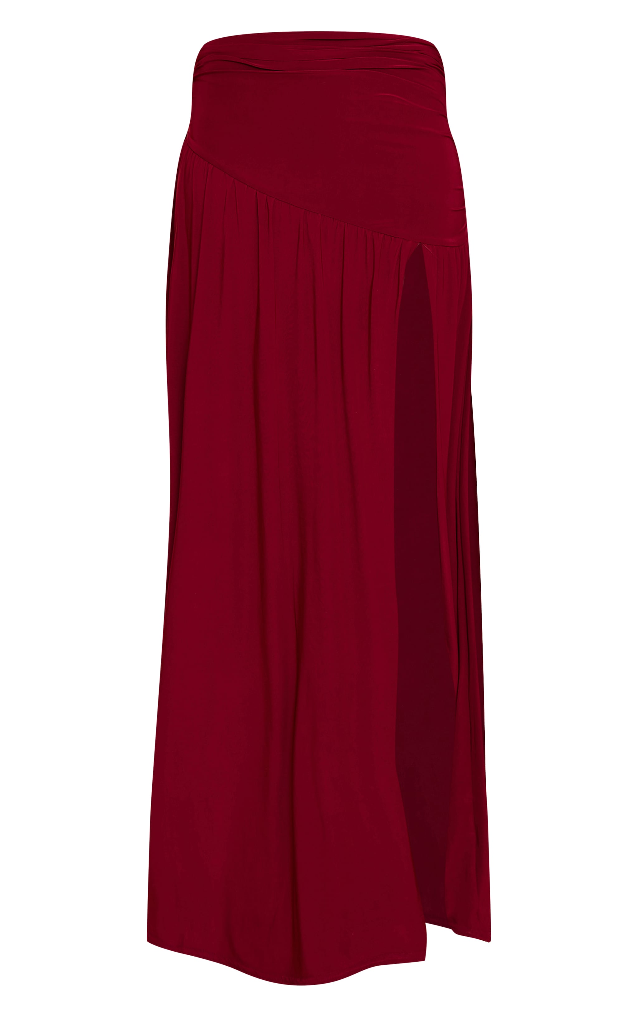 Deep Red Double Layer Slinky Drop Waist Slit Maxi Skirt image 5