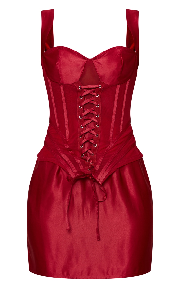 Red Satin Eyelet Lace Up Corset Bodycon Dress PrettyLittleThing QA