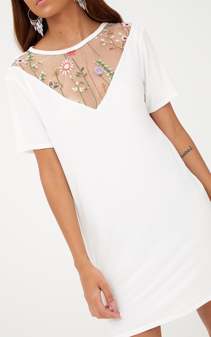 White Embroidered Insert T Shirt Dress PrettyLittleThing