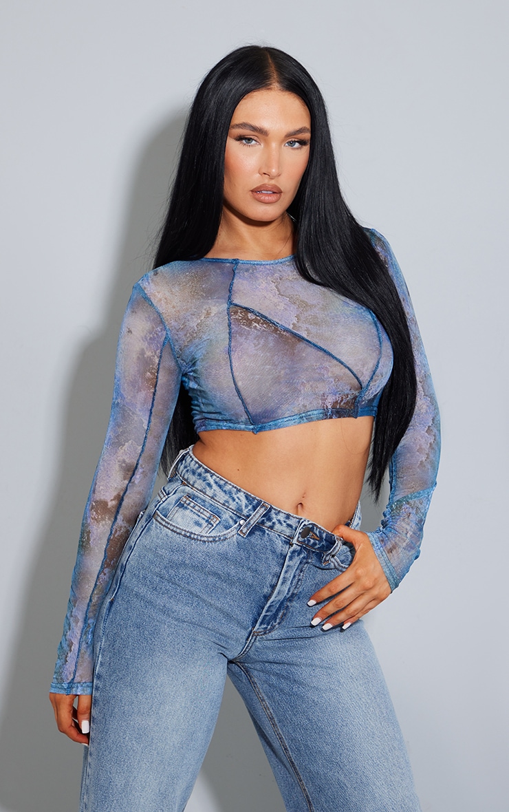 Blue Printed Mesh Seam Detail Long Sleeve Crop Top