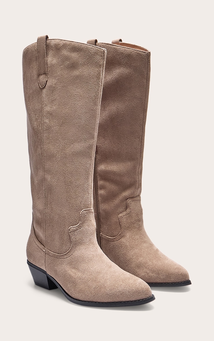 Taupe Faux Suede Point Toe Knee High Western Boots image 2