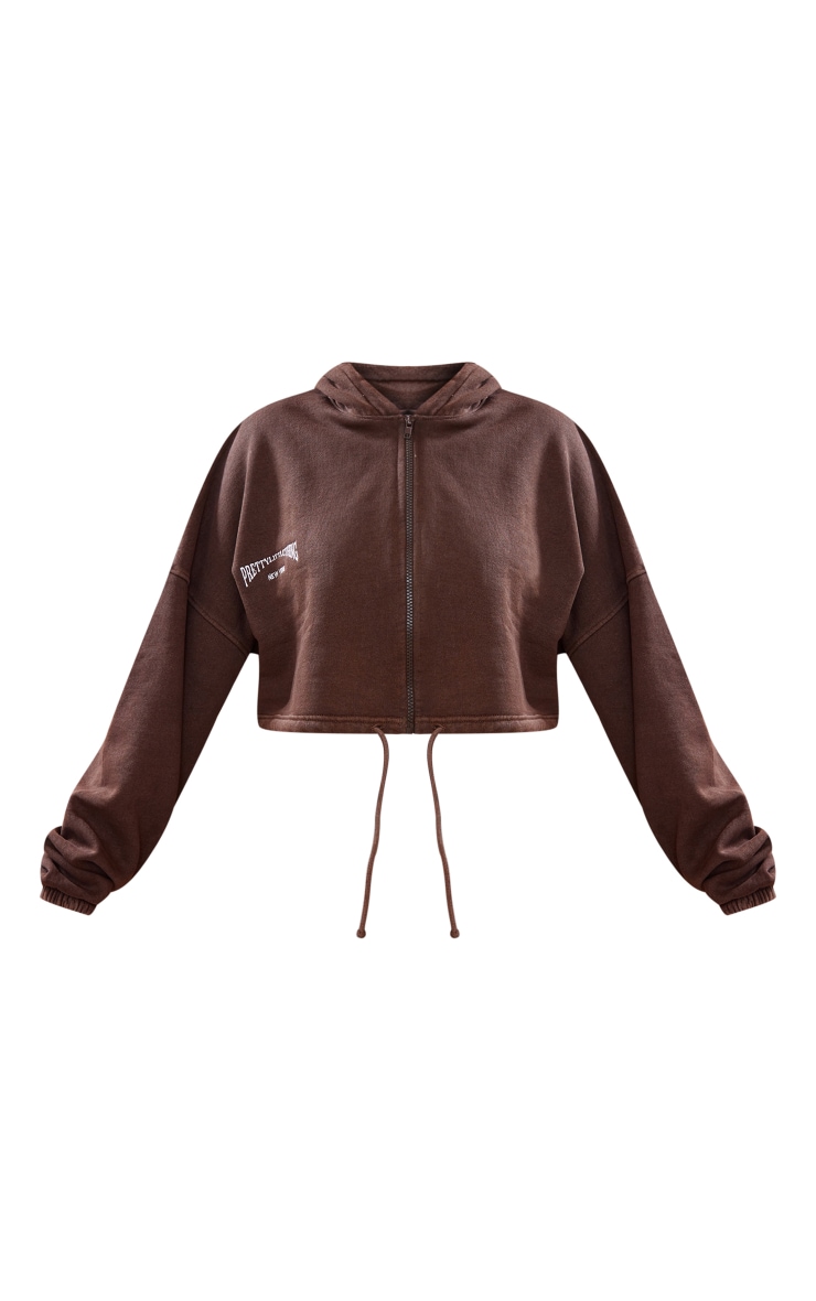 PRETTYLITTLETHING Chocolate Embroidered Washed Tie Crop Hoodie image 5