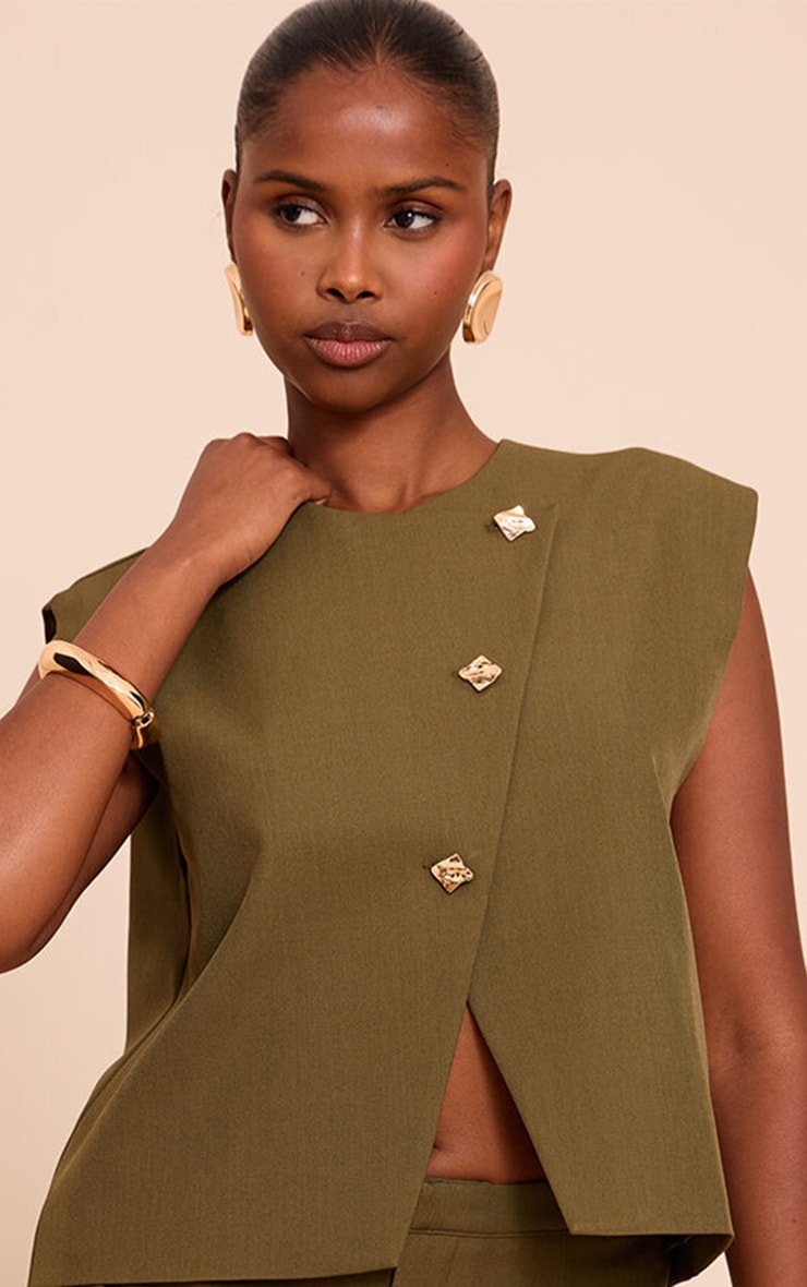Khaki Gold Trim Oversized Vest image 4