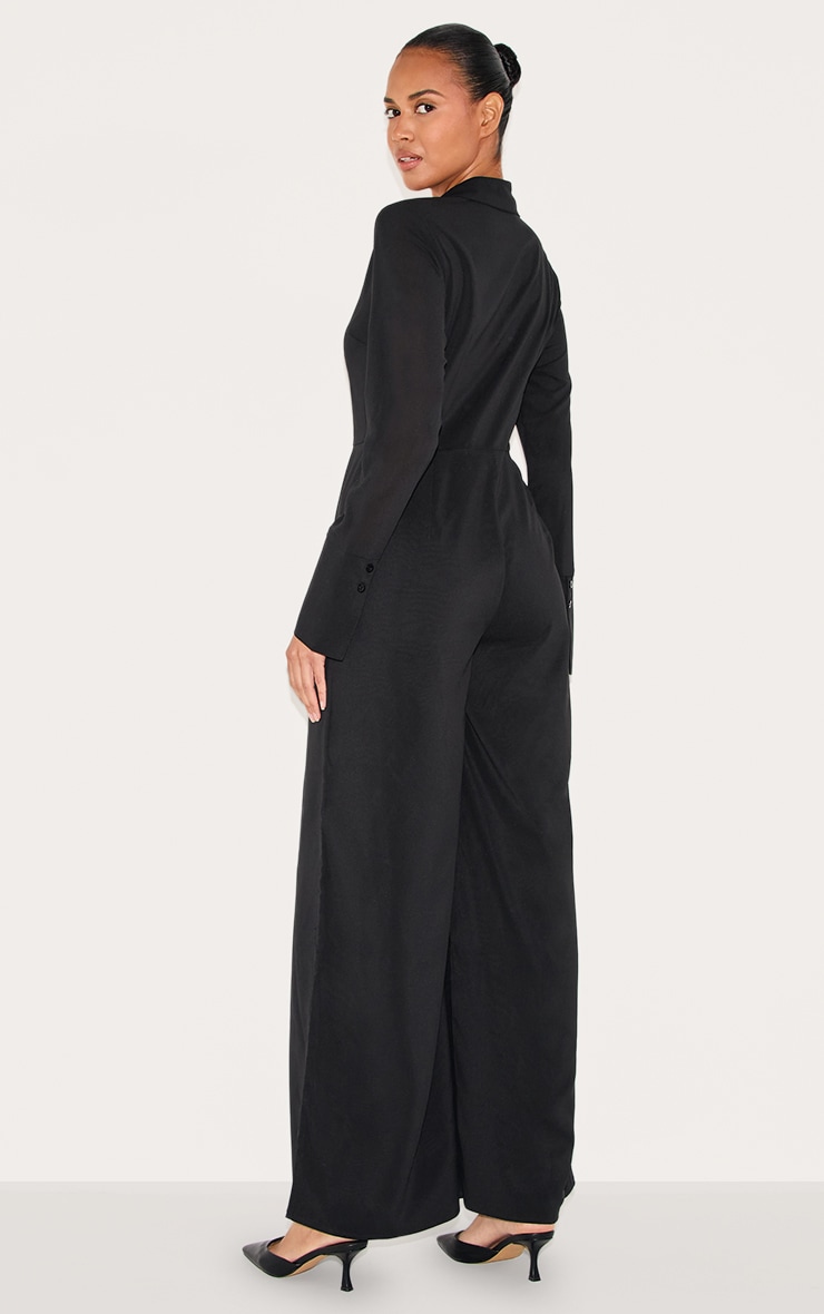 Black Chiffon Long Sleeve Cinched Wide Leg Jumpsuit image 2