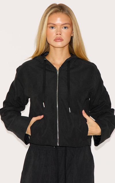 Black Peach Skin Woven Zip Up Jacket
