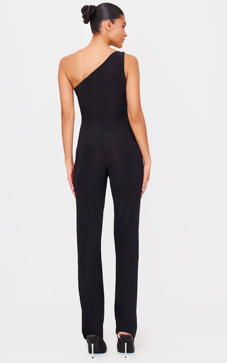 Black Double Layer Slinky Asymmetric Ruched Detail Jumpsuit image 2