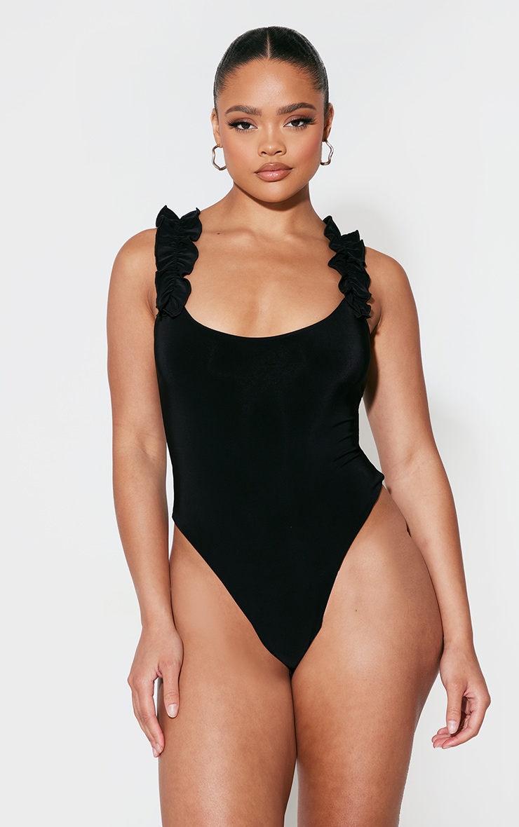 Black Slinky Ruffle Strap Bodysuit image 2