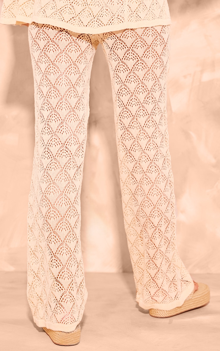 Cream Patterned Crochet Knit Wide Leg Floaty Pants image 3