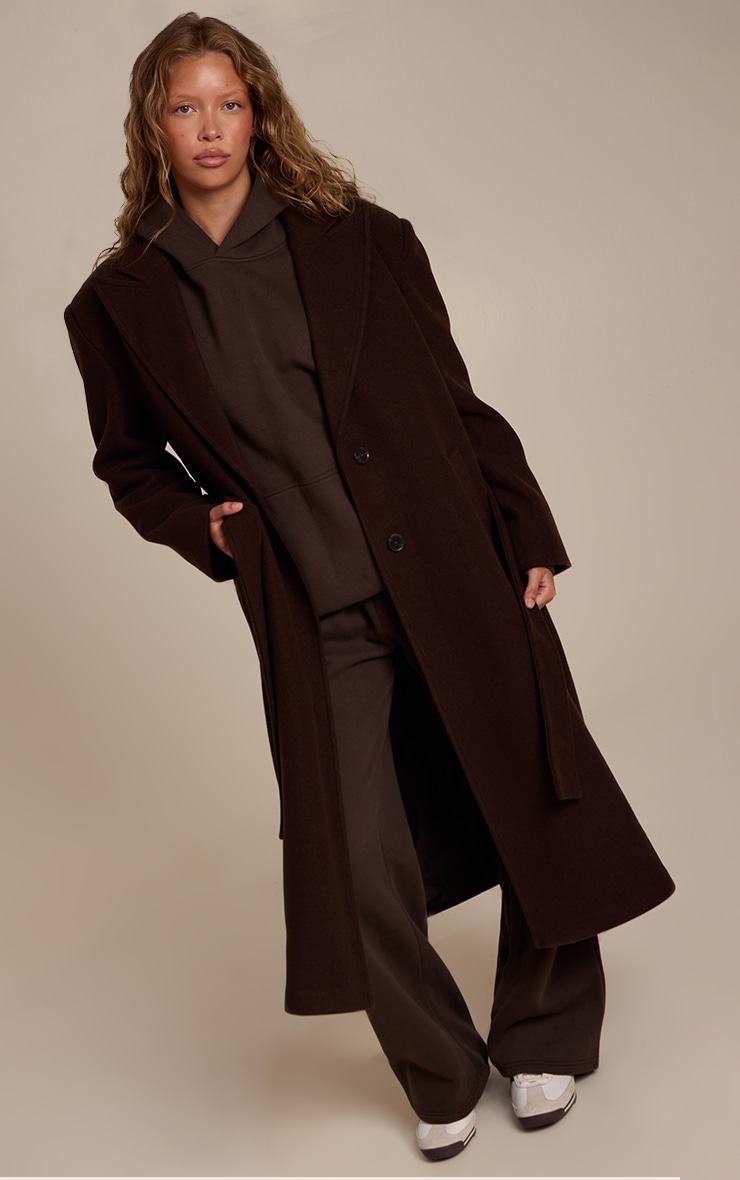 Brown Single Breasted Self Tie Wool Look Maxi Coat image 3