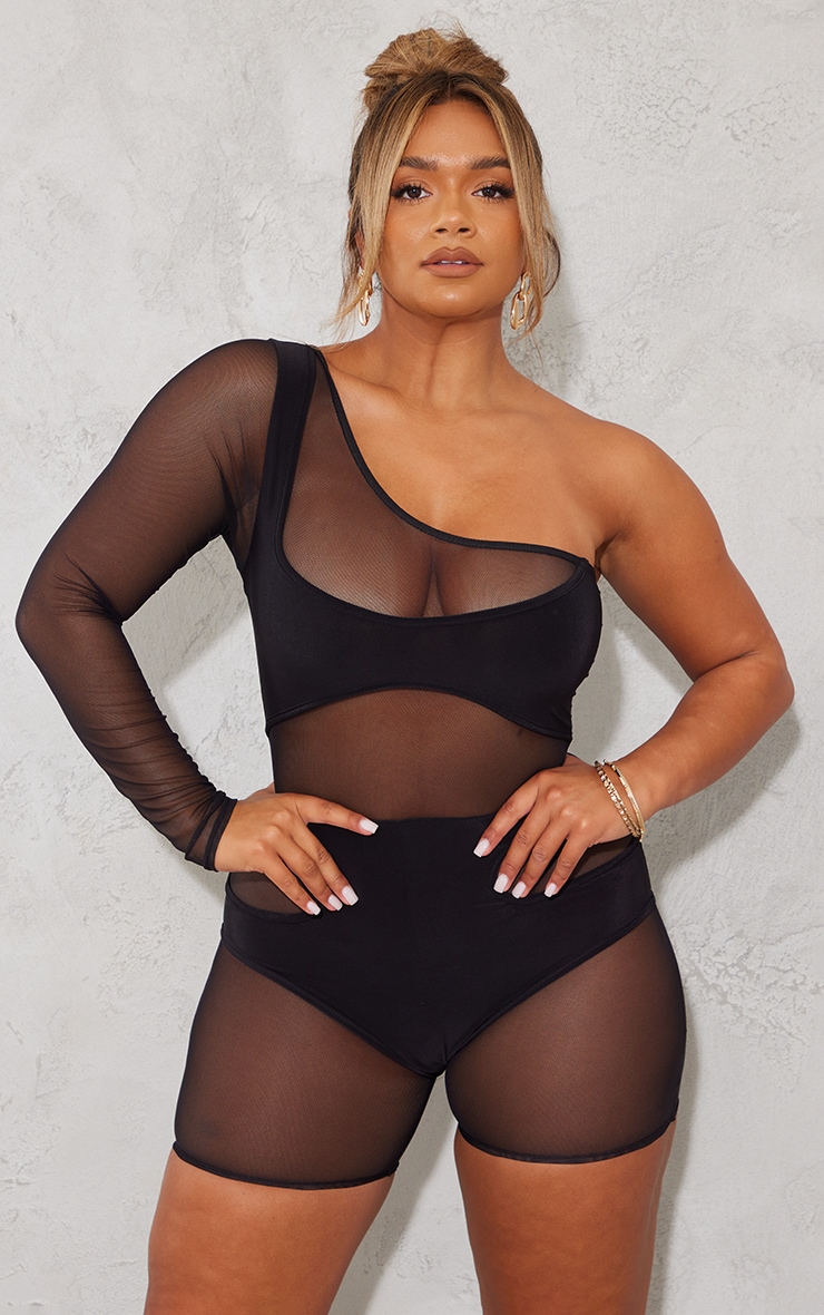 Shape Black Mesh Overlay One Shoulder Unitard image 1