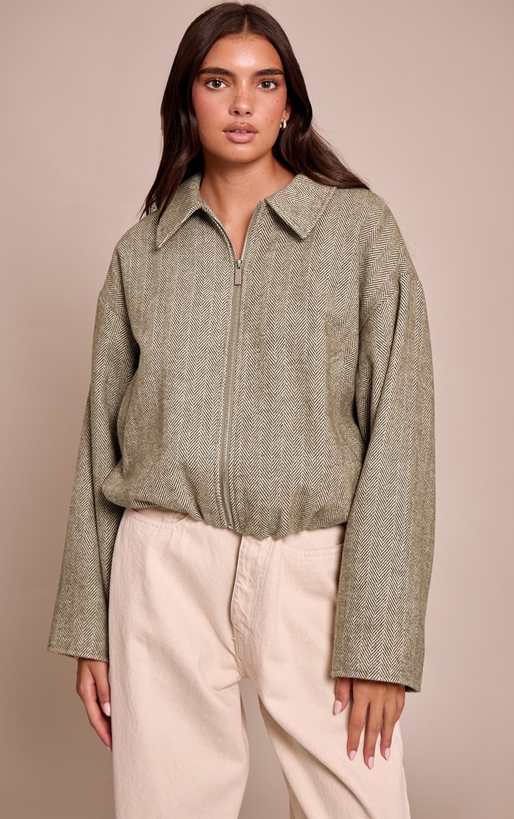 Olive Herringbone Bomber Jacket image 4