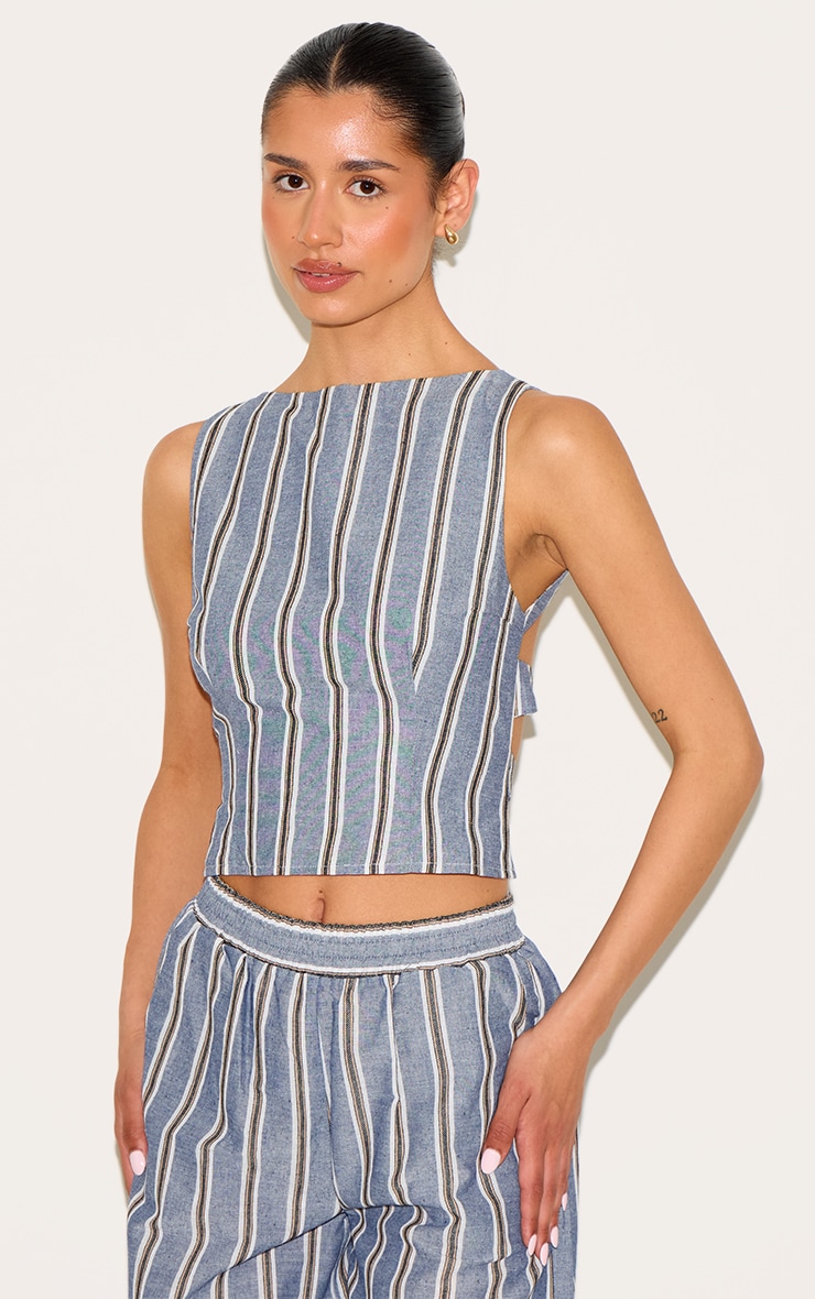 Tall Blue Linen Look Striped Open Back Sleeveless Top image 2