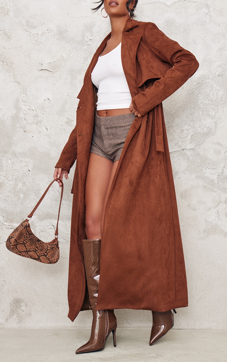 Tall Chocolate Faux Suede Belted Maxi Trench Coat | Tall