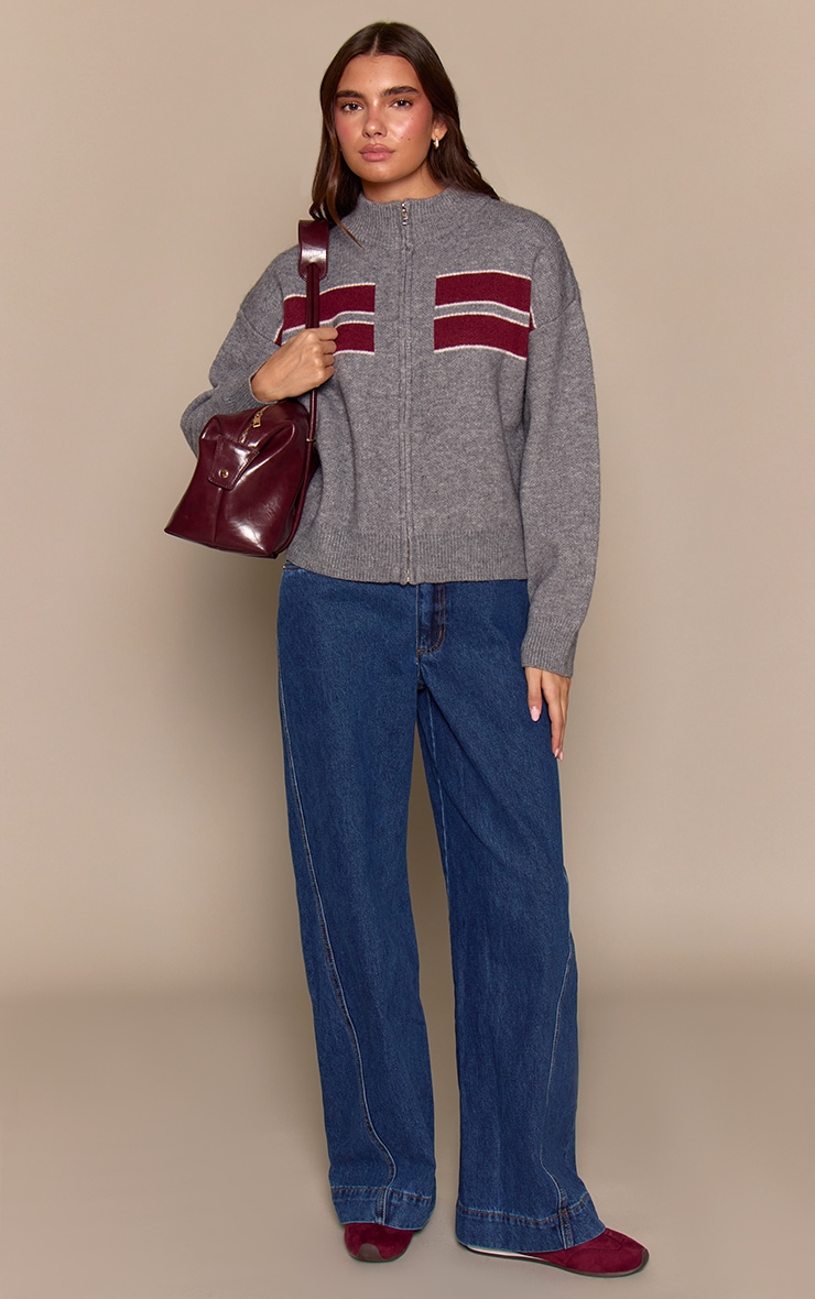 Grey Striped Knitted Sporty Jumper image 3