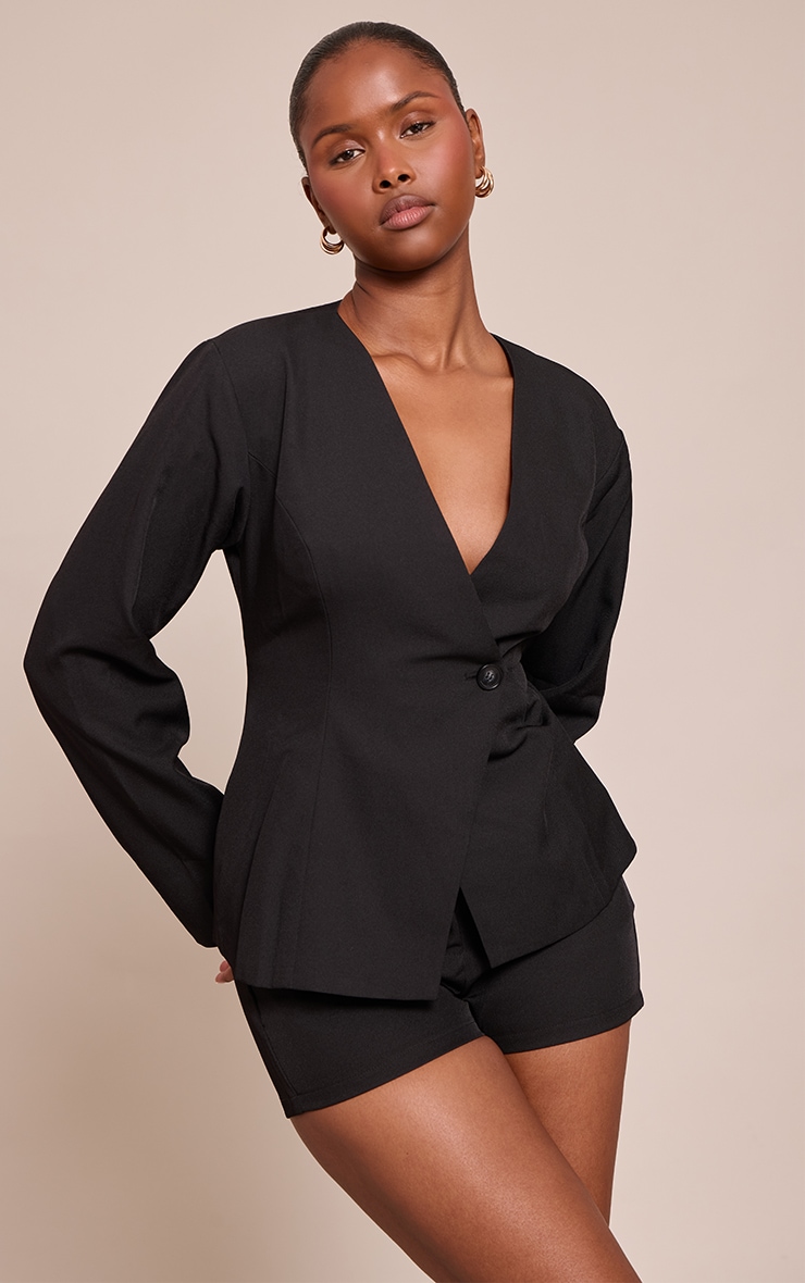 Black Woven Tailored Button Romper image 1