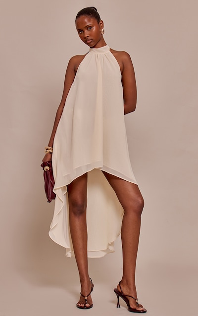 Cream Chiffon High Neck Smock Dress