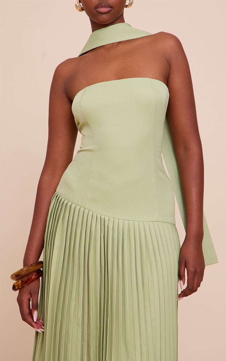 Sage Green Woven Asymmetric Pleated Maxi Dress image 4