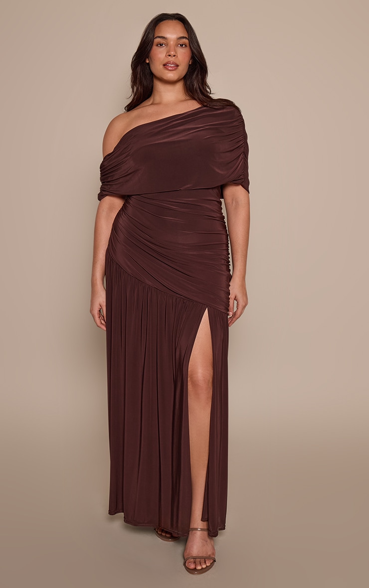 Plus Chocolate Double Layer Slinky Bardot Ruched Maxi Dress image 1