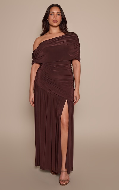 Plus Chocolate Double Layer Slinky Bardot Ruched Maxi Dress