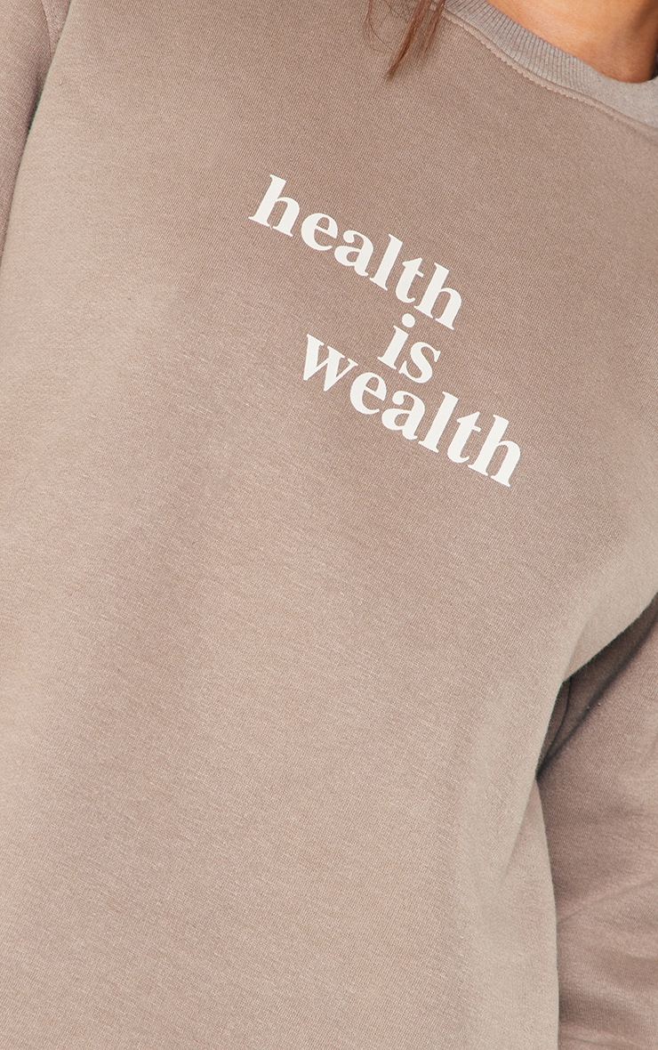 Taupe Health Is Wealth Slogan Printed Oversized Sweater image 4