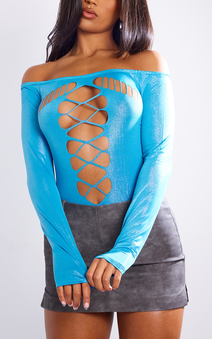 Blue Stretch Glitter Cut Out Bodysuit image 4