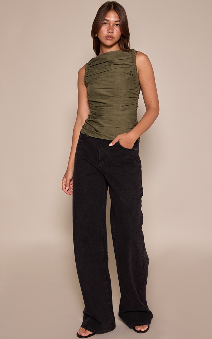 Khaki Woven Sleeveless Ruched Detail Top  image 3