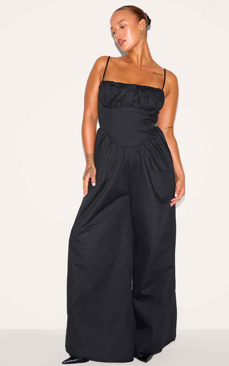 Plus Black Premium Ruched Corset Detail Wide Leg Jumpsuit image 3