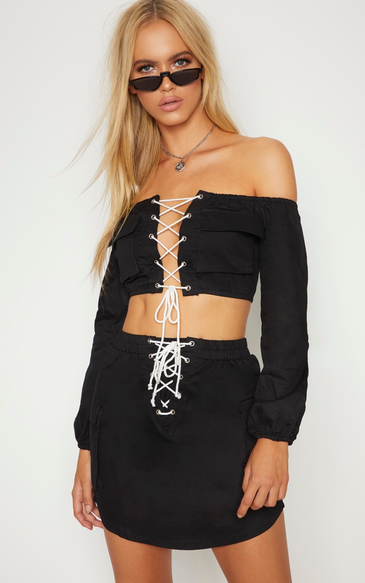 Cargo Lace Up Crop Top Tops PrettyLittleThing