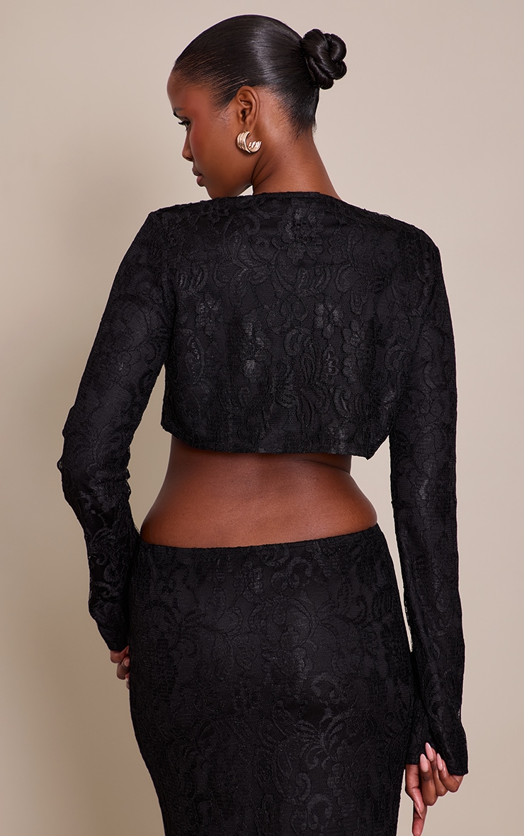 Black Lace Button Long Sleeve Cropped Top image 2