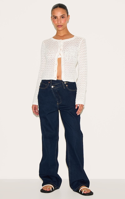 Petite Indigo Denim Asymmetric Waistband Straight Leg Jeans